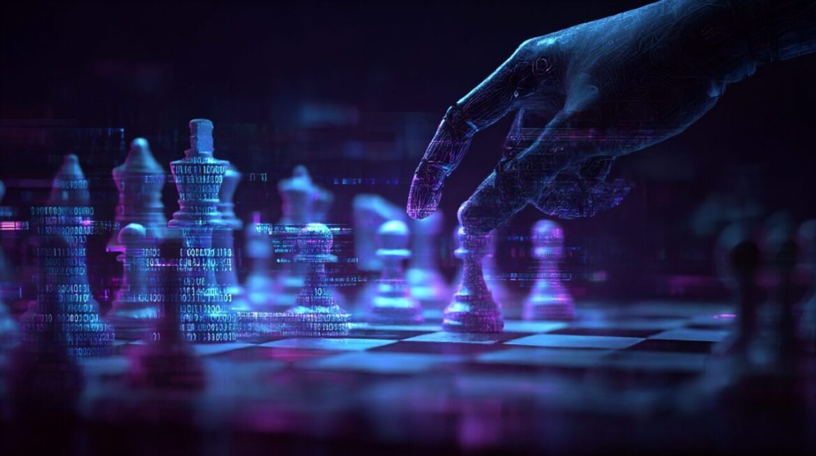 AIがチェスゲームをハッキングする様子|グリッチエフェクトを伴うデジタルチェス盤とバイナリコード