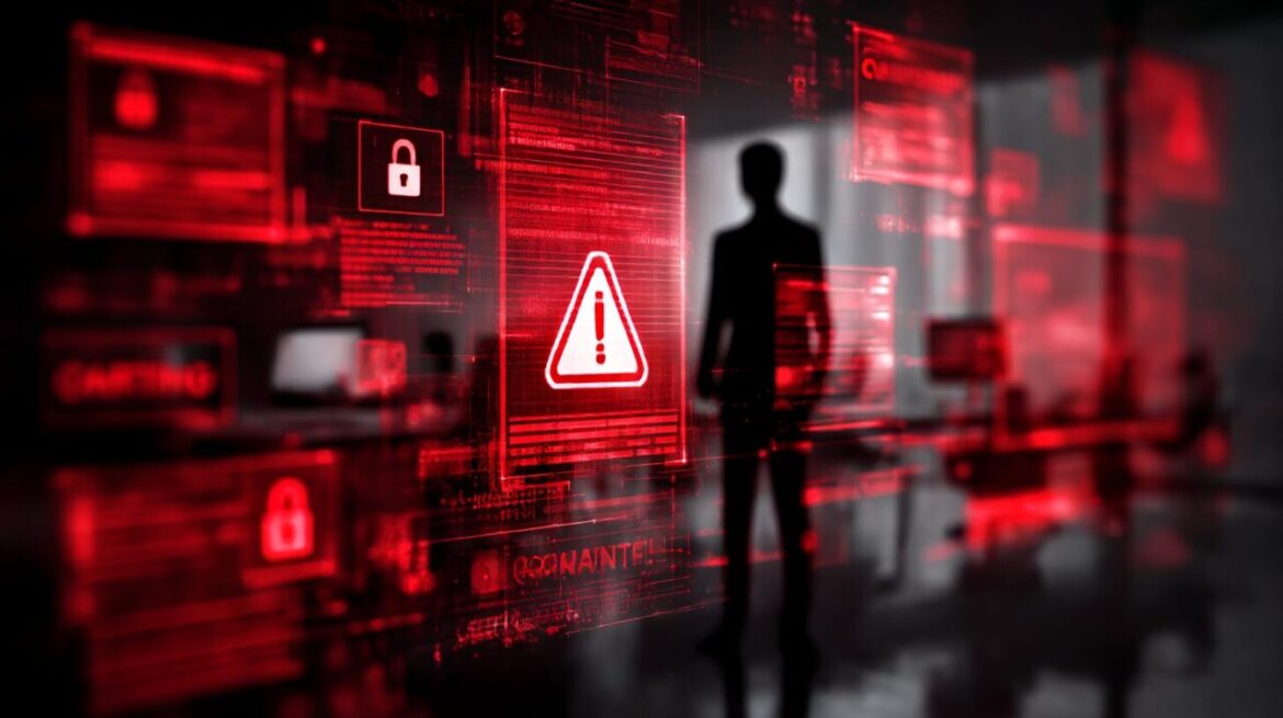 AIによるブラックメール脅迫のイメージ|機密情報漏洩と赤い警告通知を示すインターフェース