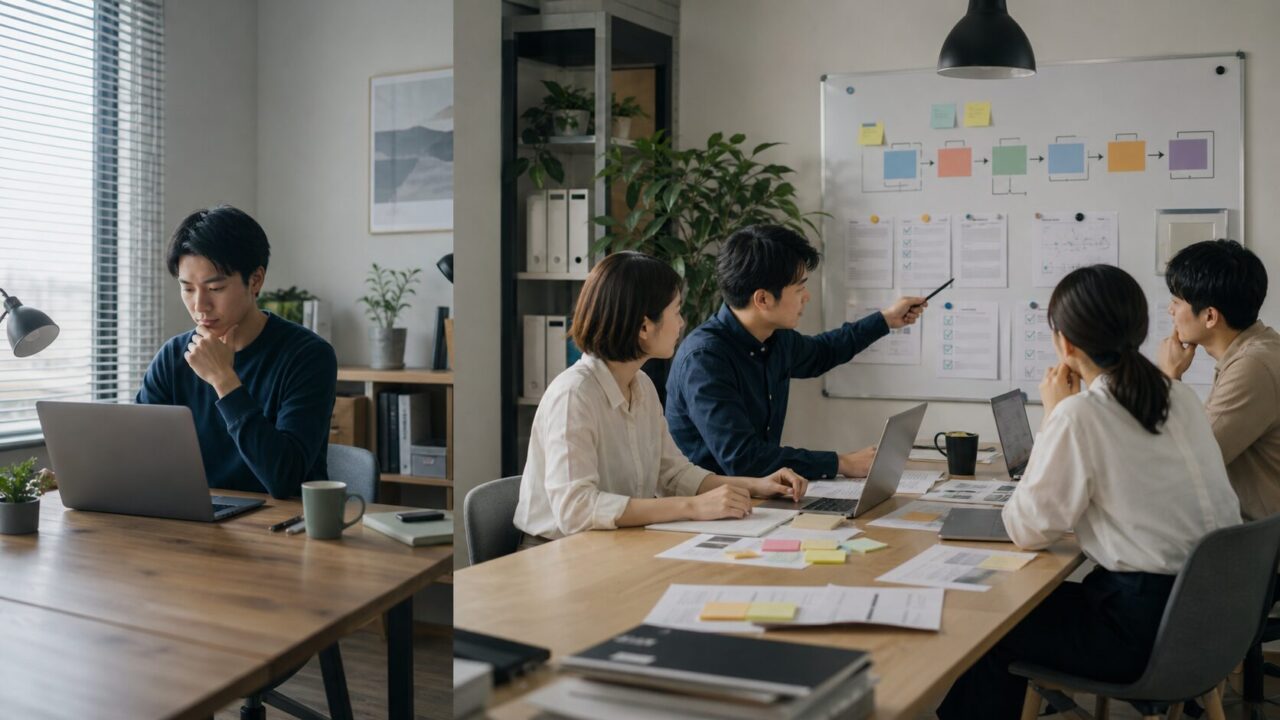 小規模企業の会議室でChatGPTの業務利用範囲を整理している様子