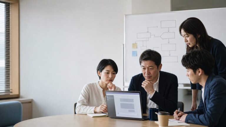 中小企業の会議室で、社員がAI活用と業務フローを話し合っている様子