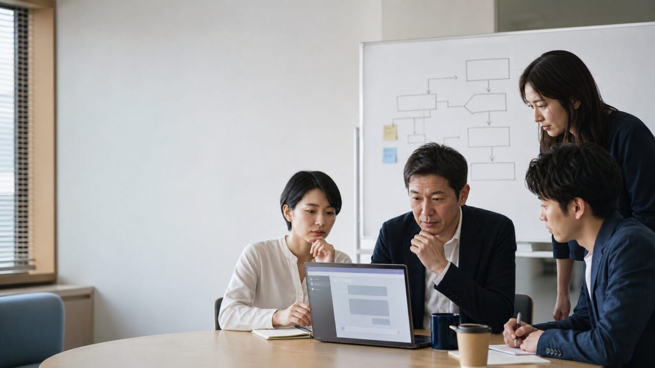 中小企業の会議室で、社員がAI活用と業務フローを話し合っている様子
